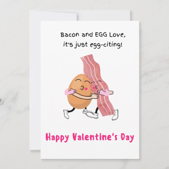 Bacon and egg Love, It's egg-citing! valentine  Holiday Card (Front)