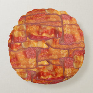 Bacon Background Pattern, Funny Fried Food Round Pillow