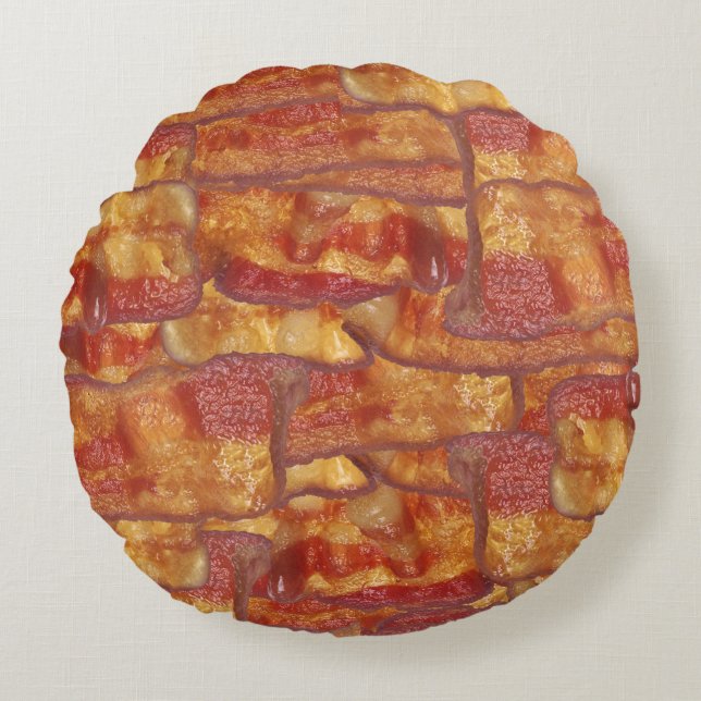 Bacon Background Pattern, Funny Fried Food Round Pillow (Front)