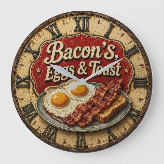 Bacon Eggs & Toast Farmhouse Breakfast Kitchen Large Clock (Front)