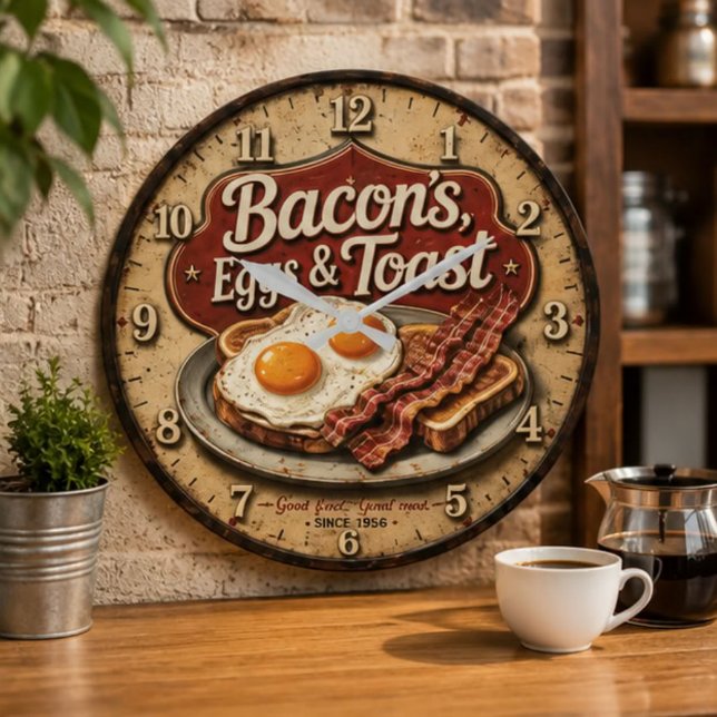 Bacon Eggs & Toast Farmhouse Breakfast Kitchen Large Clock (Creator Uploaded)