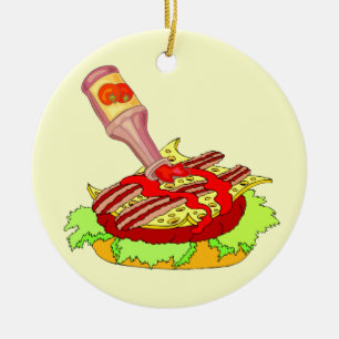 Bacon swiss cheeseburger with ketchup ceramic ornament