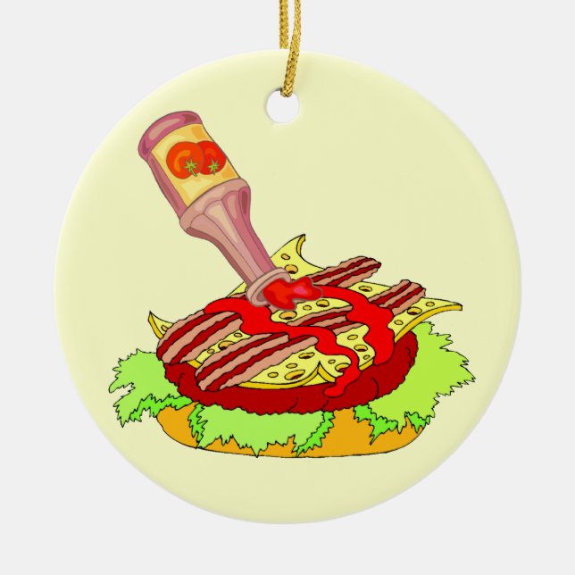 Bacon swiss cheeseburger with ketchup ceramic ornament (Front)