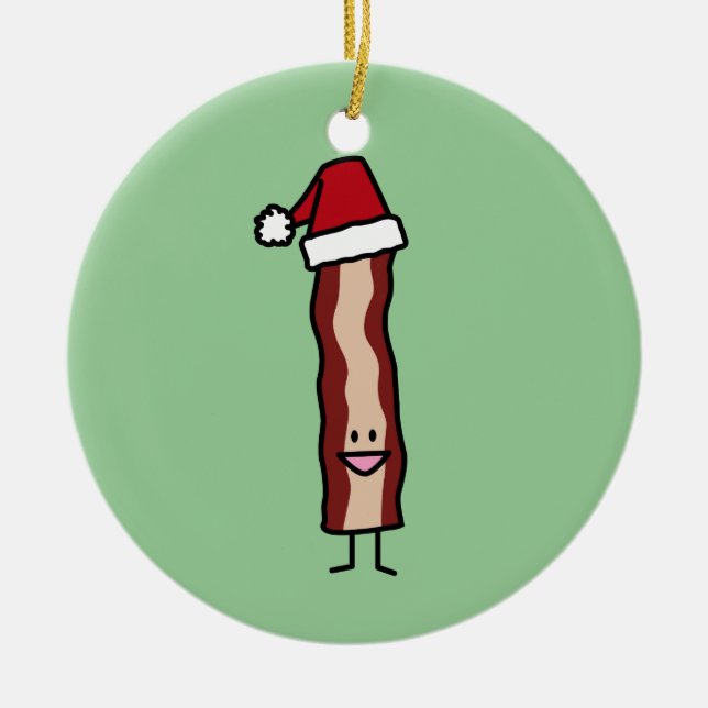 Bacon Wearing a Santa Hat Christmas Ceramic Ornament (Front)