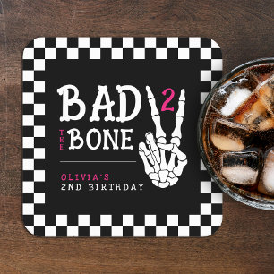 Bad 2 the Bone Skeleton Pink 2nd Birthday Party Square Paper Coaster