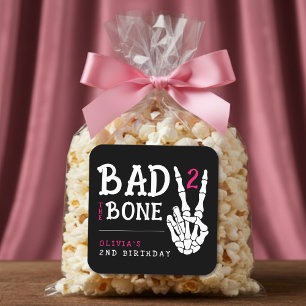 Bad 2 the Bone Skeleton Pink 2nd Birthday Party Square Sticker