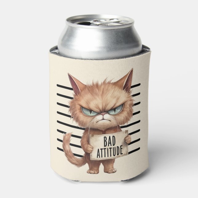 Bad Attitude Cat Mugshot – Funny Feline Design Can Cooler (Can Front)