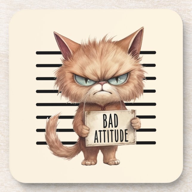 Bad Attitude Cat Mugshot – Funny Feline Design Coaster (Front)