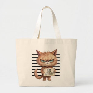 Bad Attitude Cat Mugshot – Funny Feline Design Large Tote Bag