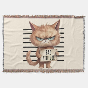 Bad Attitude Cat Mugshot – Funny Feline Design Throw Blanket