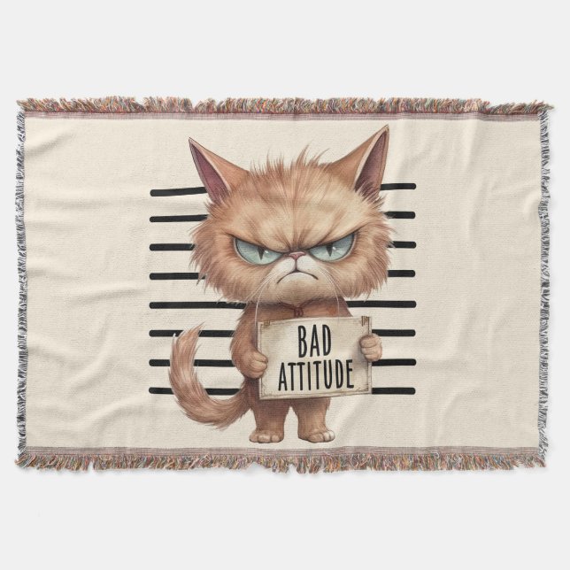 Bad Attitude Cat Mugshot – Funny Feline Design Throw Blanket (Front)