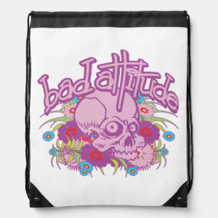 Bad Attitude Skull Pink Flowers Drawstring Bag