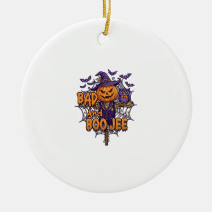 Bad Boo Jee Pumpkin Scarecrow Purple Owl Bats Ceramic Ornament