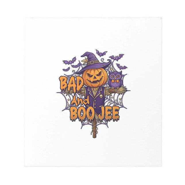 Bad Boo Jee Pumpkin Scarecrow Purple Owl Bats Notepad (Front)