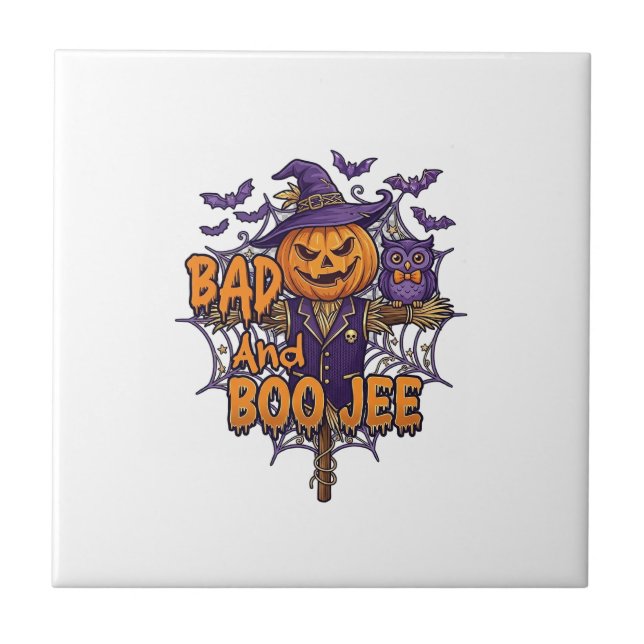 Bad Boo Jee Pumpkin Scarecrow Purple Owl Bats Tile (Front)