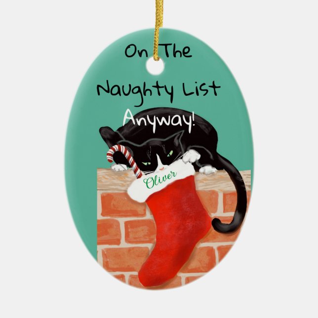 Bad Cat Raids His Stocking Funny Personalized  Ceramic Ornament (Front)