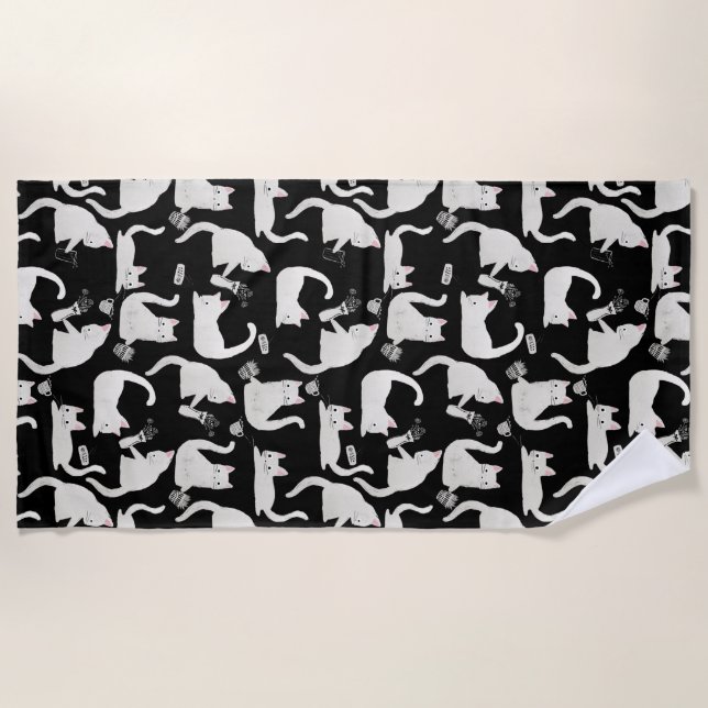 Bad Cats Knocking Stuff Over, White Cats on Black Beach Towel (Front)