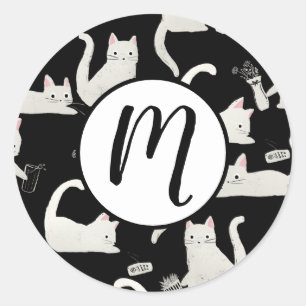 Bad Cats Knocking Stuff Over, White Cats on Black Classic Round Sticker