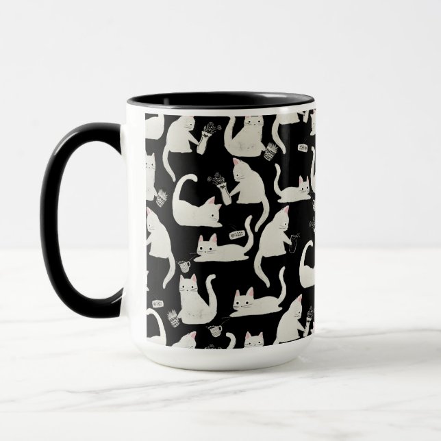 Bad Cats Knocking Stuff Over, White Cats on Black Mug (Left)