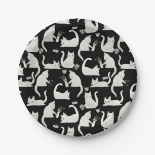 Bad Cats Knocking Stuff Over, White Cats on Black Paper Plate
