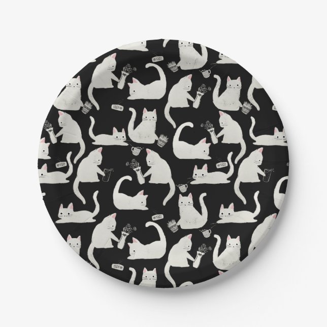 Bad Cats Knocking Stuff Over, White Cats on Black Paper Plate (Front)