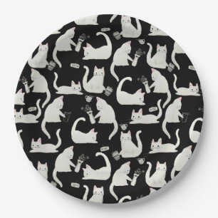 Bad Cats Knocking Stuff Over, White Cats on Black Paper Plate