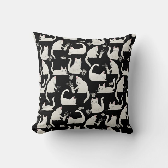 Bad Cats Knocking Stuff Over, White Cats on Black Throw Pillow (Front)