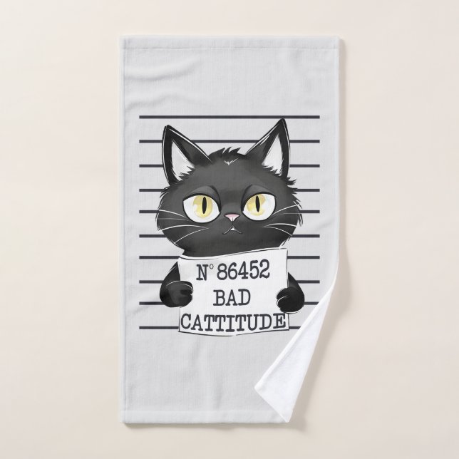 Bad Cattitude – Black Cat Mugshot Bath Towel Set (Hand Towel)