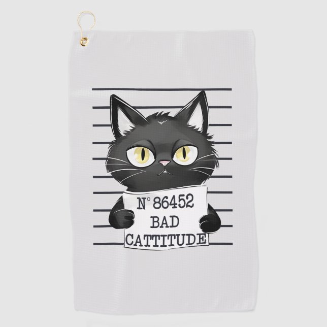 Bad Cattitude – Black Cat Mugshot Golf Towel (Front)
