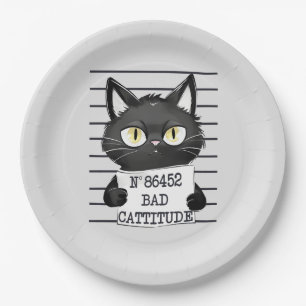 Bad Cattitude – Black Cat Mugshot Paper Plate