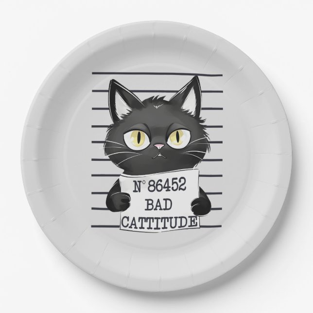 Bad Cattitude – Black Cat Mugshot Paper Plate (Front)