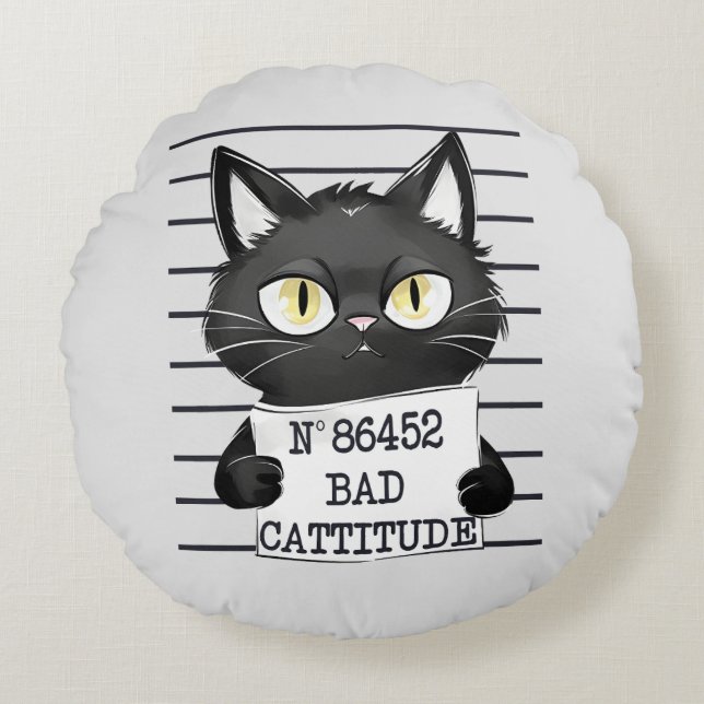 Bad Cattitude – Black Cat Mugshot Round Pillow (Front)