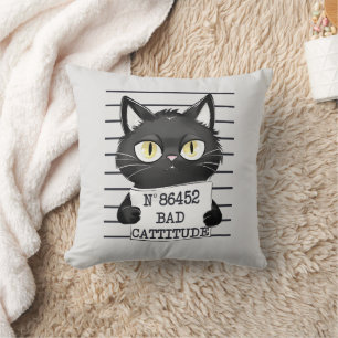 Bad Cattitude – Black Cat Mugshot Throw Pillow