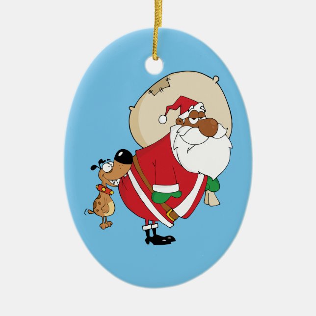 Bad Dog Bites Black Santa on the Butt Ceramic Ornament (Front)