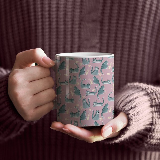 Bad Grey Tabby Cats Knocking Stuff Over Coffee Mug (Grey Tabby Cats Knocking Stuff Over Pattern Mug)