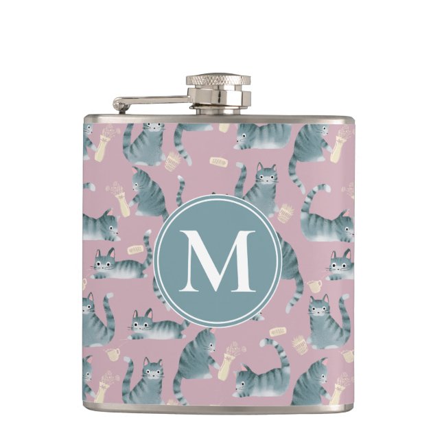 Bad Grey Tabby Cats Knocking Stuff Over & Monogram Hip Flask (Front)