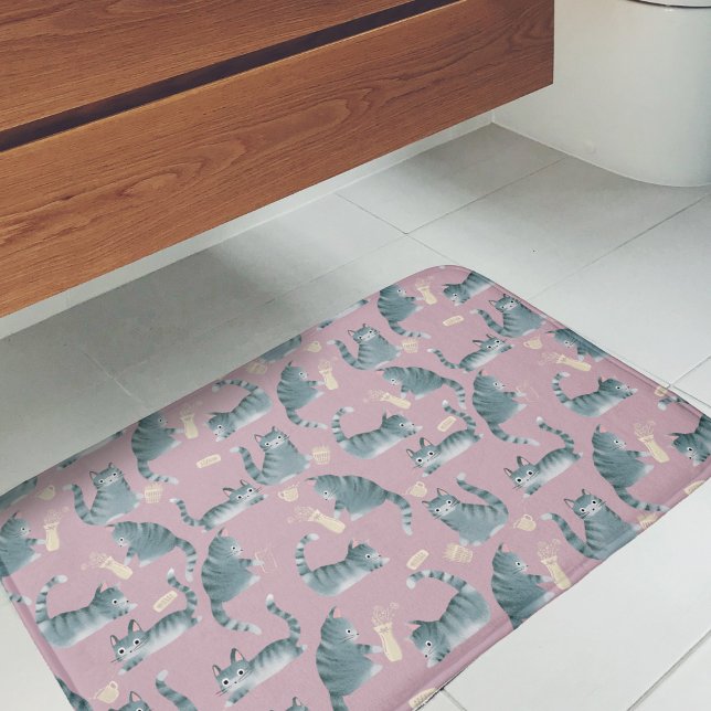 Bad Grey Tabby Cats Knocking Stuff Over Pattern Bath Mat (Bad Cats Knocking Things Over Bath Mat)