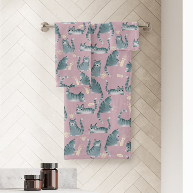 Bad Grey Tabby Chats Frapper Tout (Bad Grey Tabby Cats Knocking Stuff Over Patterned Bath Towel Set)