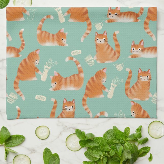 Bad Orange Tabby Cats Knocking Stuff Over Kitchen Towel (Folded)