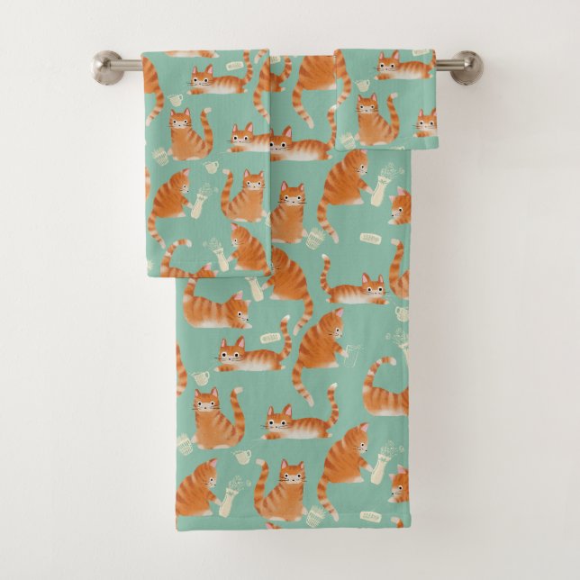 Bad Orange Tabby Cats Knocking Stuff Over Pattern Bath Towel Set (Insitu)