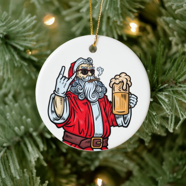 Bad Santa Claus, Rock, Beer and Cigar Ceramic Ornament (Tree)