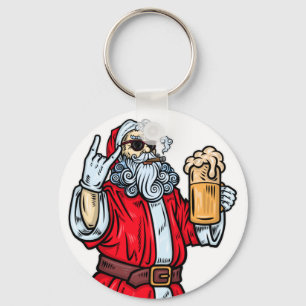 Bad Santa Claus, Rock, Beer and Cigar Keychain