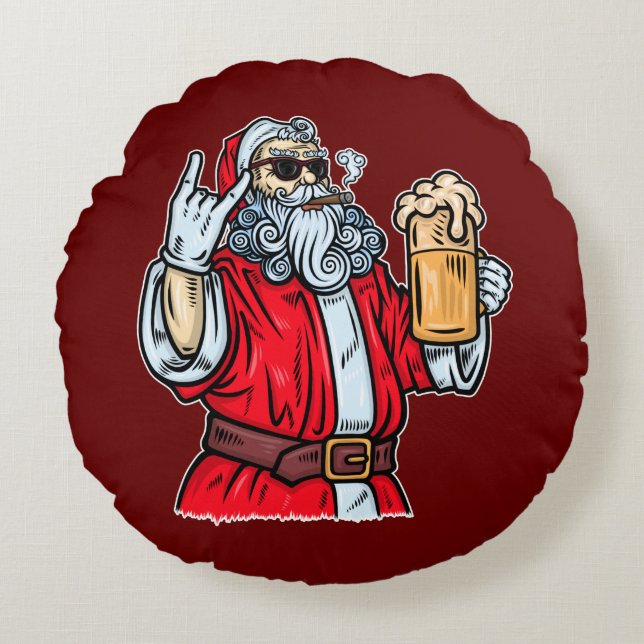 Bad Santa Claus, Rock, Beer and Cigar Round Pillow (Front)