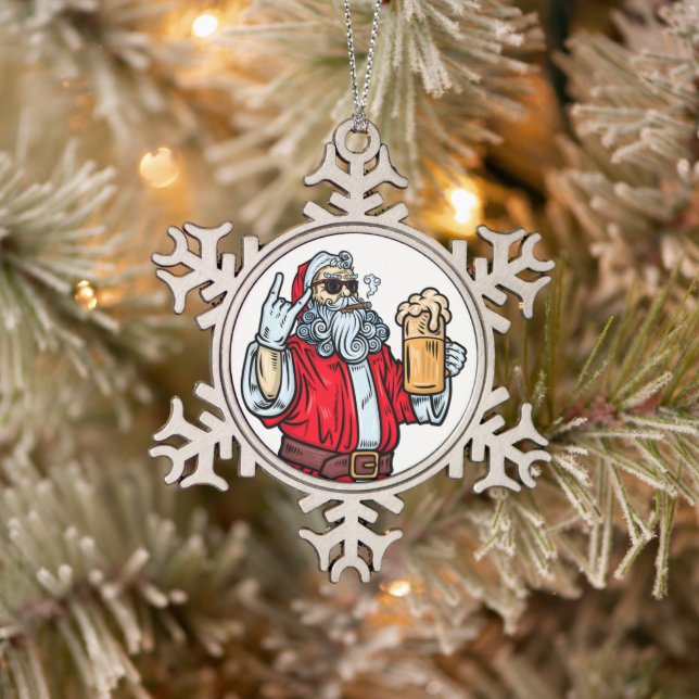 Bad Santa Claus, Rock, Beer and Cigar Snowflake Pewter Christmas Ornament (Tree)