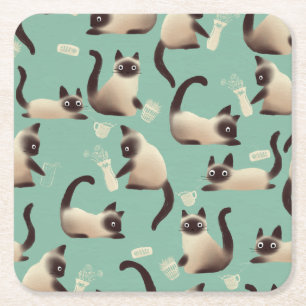 Bad Siamese Cats Knocking Stuff Over Square Paper Coaster
