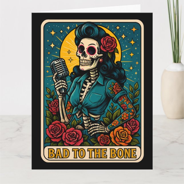 Bad to the Bone Retro Skeleton Singer Card (Front)