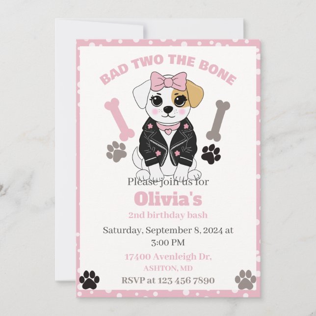 Bad two the bone dog invitation, puppy party invit invitation (Front)