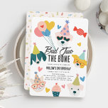 Bad Two the Bone Dogs & Cat Balloons 2nd Birthday Invitation<br><div class="desc">This cute "bad two the bone" kid's 2nd/second birthday invitation features dogs and a cat with party hats and sunglasses or glasses. The reverse side features a cream background with confetti patterns. Personalize it for your needs. You can find matching products at my store.</div>