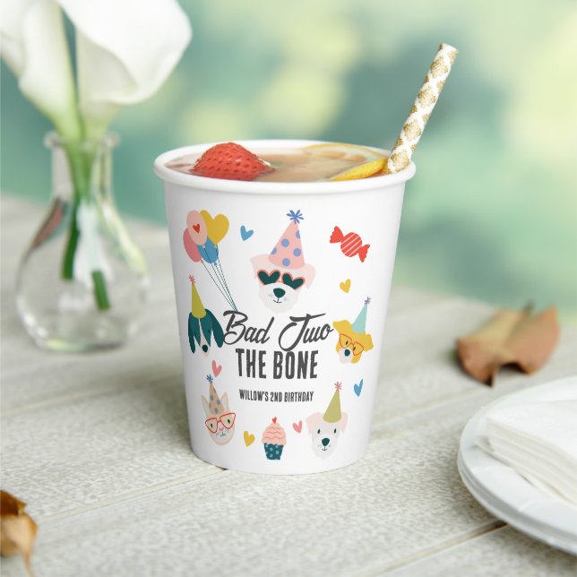 Bad Two the Bone Dogs & Cat Balloons 2nd Birthday Paper Cups (Insitu)
