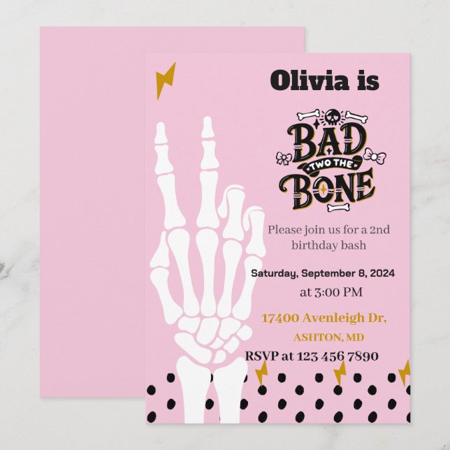 Bad two the bone second birthday invitation (Front/Back)